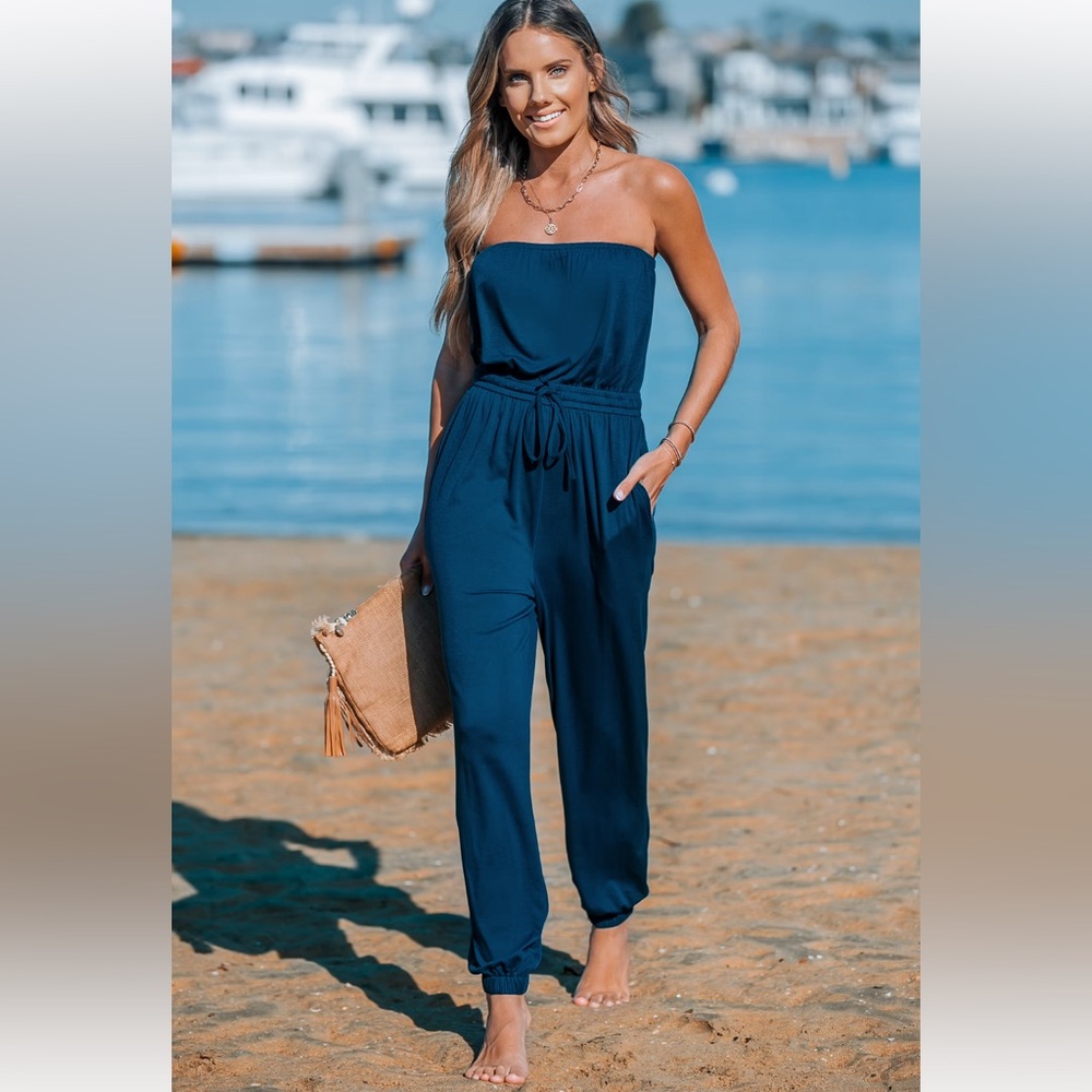 Jumpsuit Tube and Tie Tapered Romper Size Small in Blue